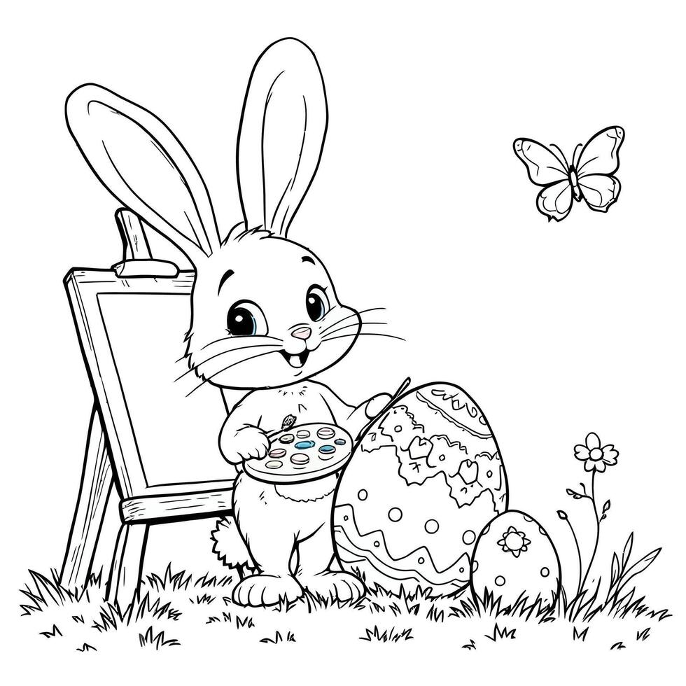 Adorable Easter Bunny Artist Painting a Decorated Egg with a Butterfly Companion vector