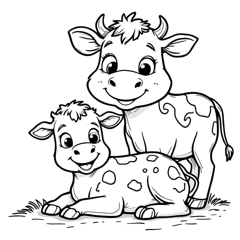 Adorable Mother and Baby Cow Line Art Coloring Page for Kids Fun Farm Animal Design vector