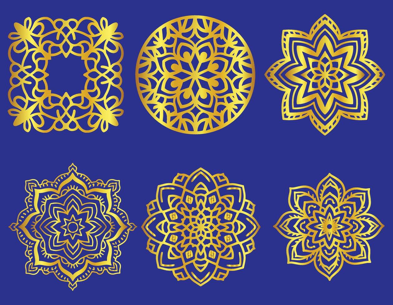 Collection of ornate gold mandala designs on a royal blue background vector