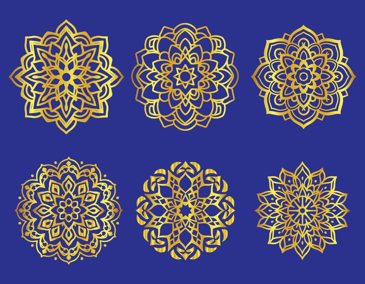 A collection of intricate gold mandala designs set against a vibrant royal blue vector