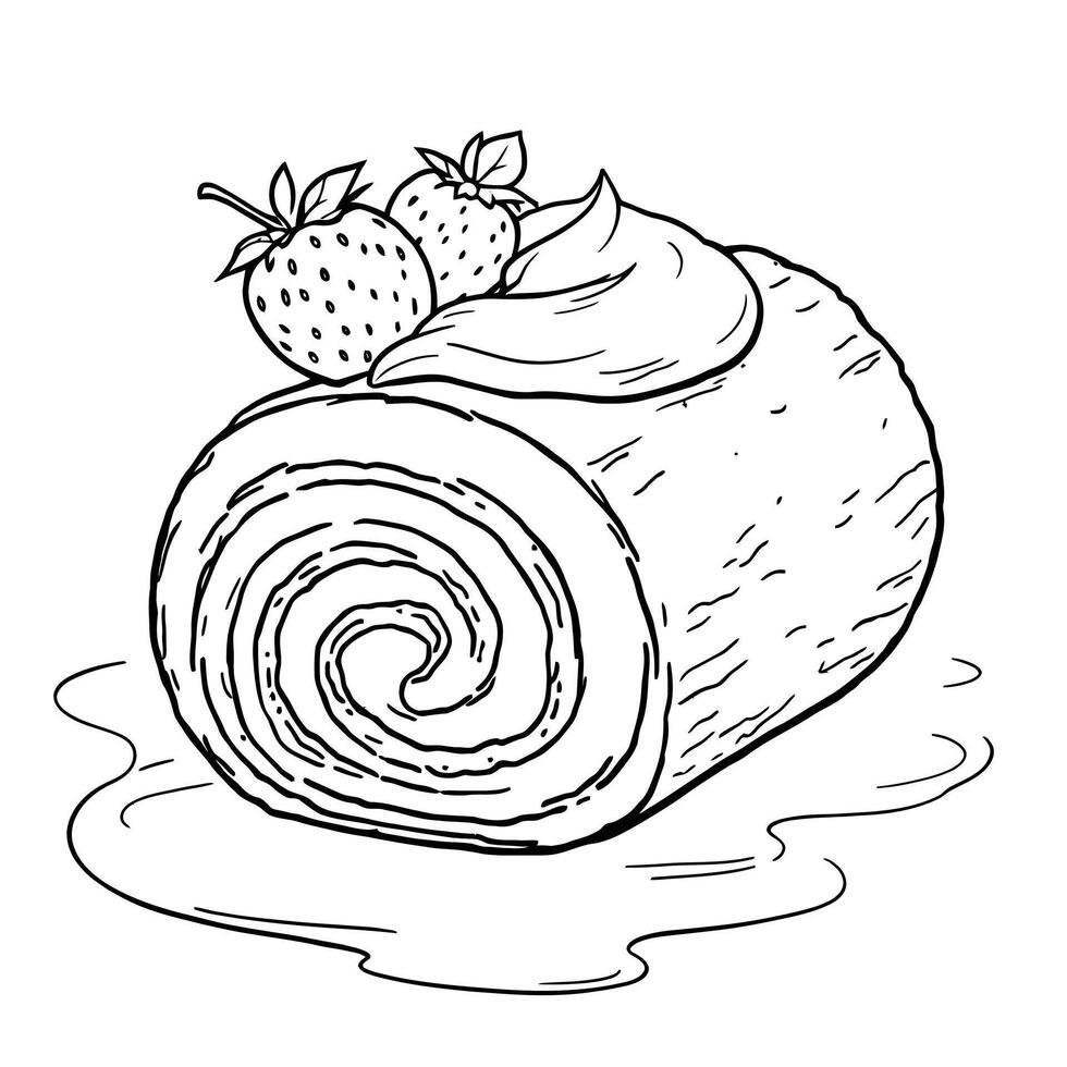 Delicious Strawberry Swiss Roll Cake Dessert for Kids and Adults to Color and Enjoy Simple Baking Illustration vector