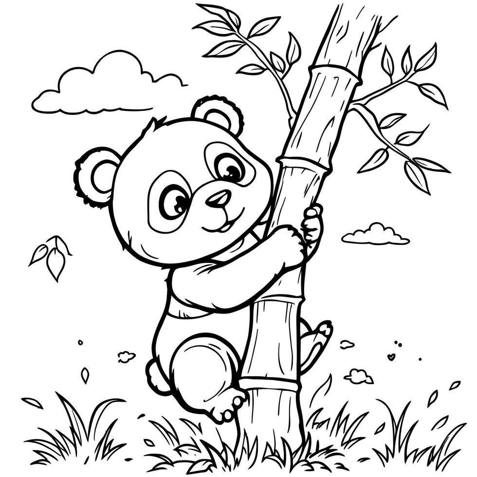 Adorable Baby Panda Climbing Bamboo Forest Cute Cartoon Animal Coloring Page for Kids vector