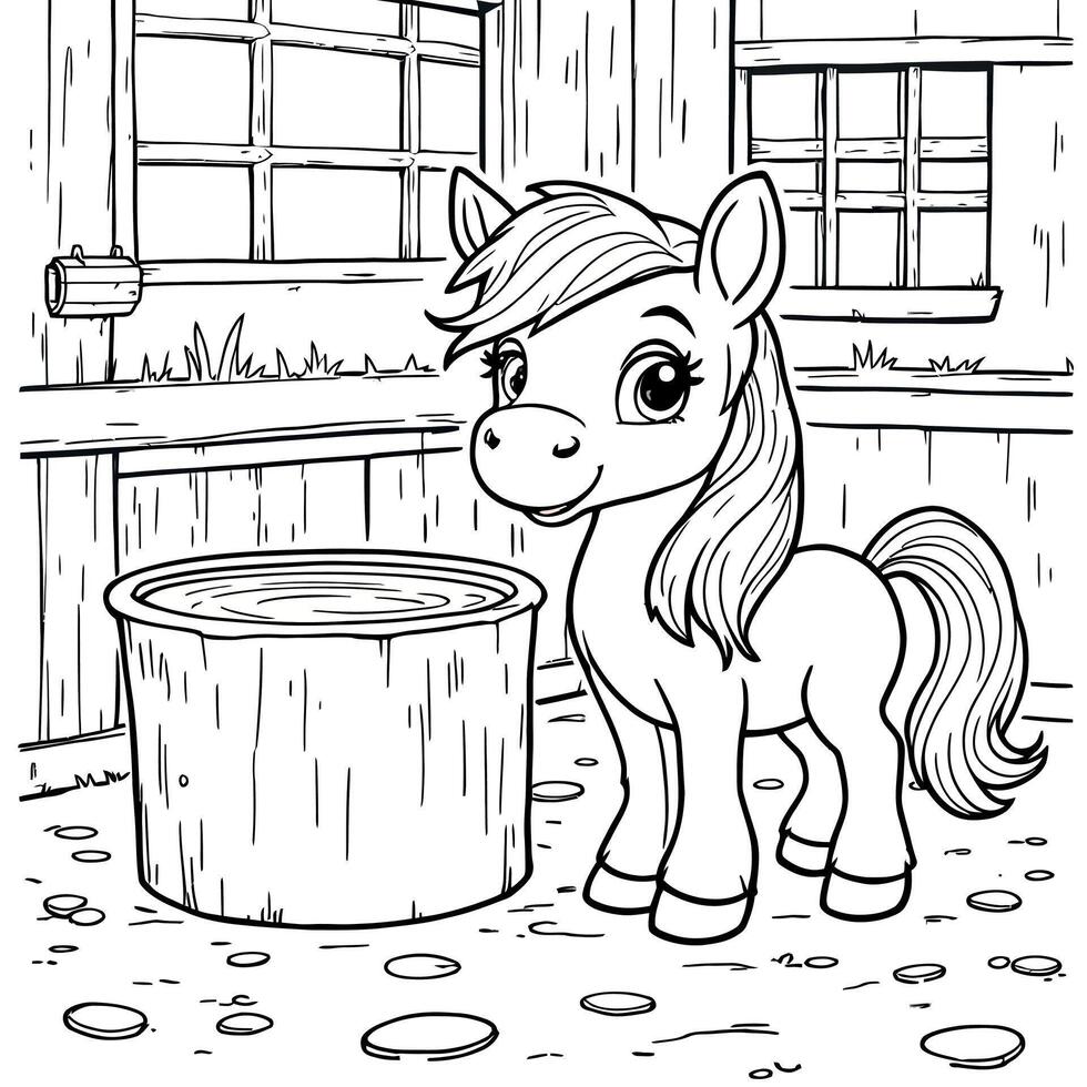 Adorable Little Pony Drinking Water From a Wooden Barrel on a Rainy Day Coloring Book Page vector