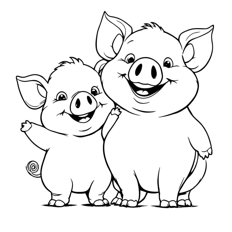 Adorable Pair of Happy Cartoon Pigs Adorable Cute Baby Pigs Cheerful and Playful Line Art Coloring Page vector