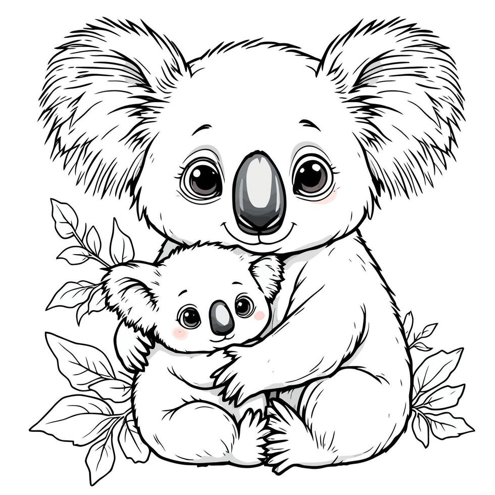 Adorable Mother and Baby Koala Hugging Surrounded by Eucalyptus Leaves Line Art Coloring Page for Kids vector