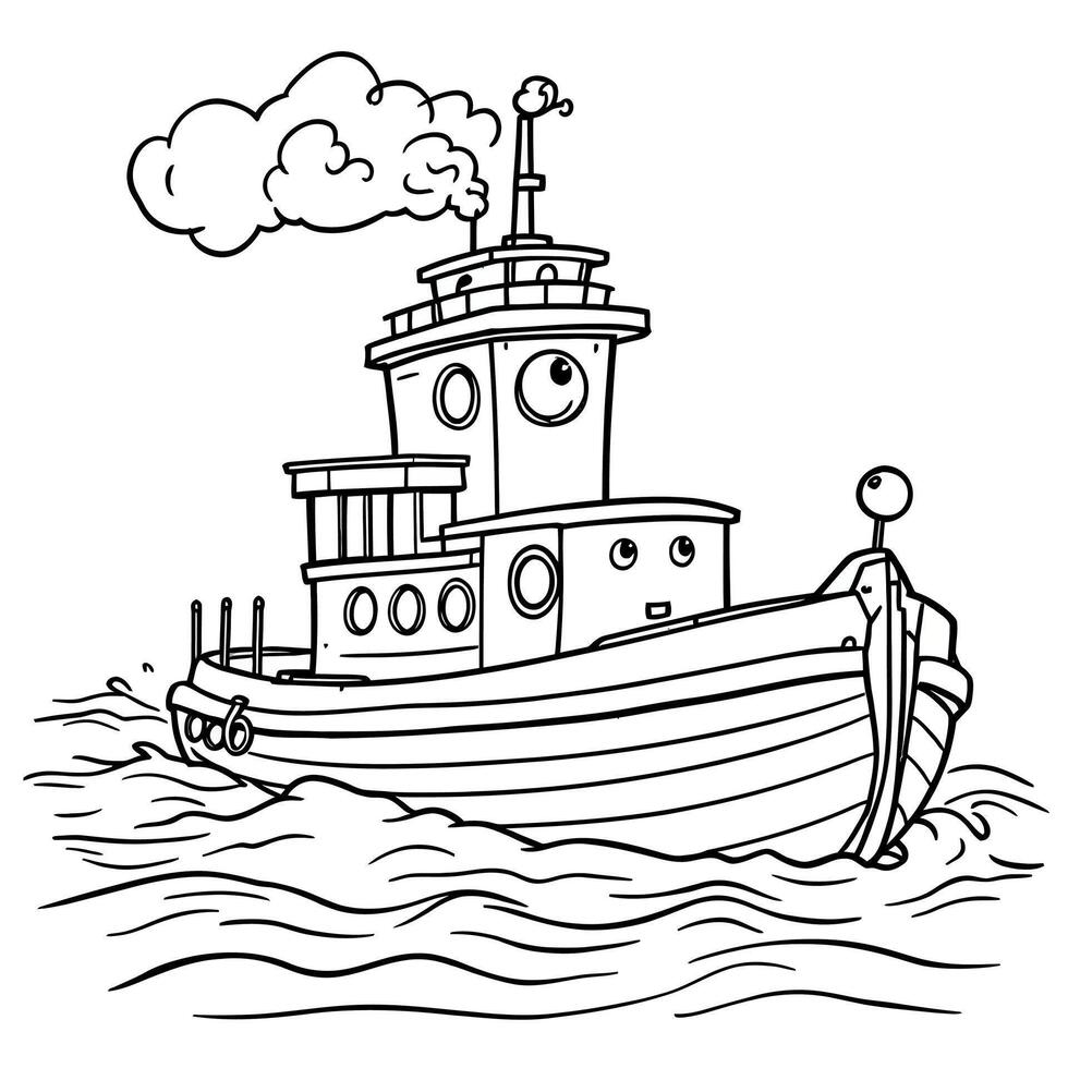 Cute Cartoon Tugboat Sailing on Wavy Ocean Water Line Art Coloring Page vector