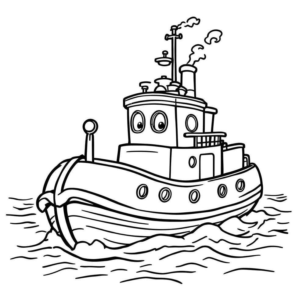 Adorable Cartoon Tugboat Sailing on Wavy Ocean Waters Line Art Coloring Page vector