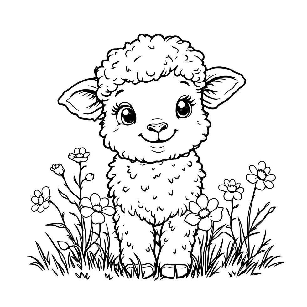 Cute Baby Sheep Sitting in a Field of Flowers for Coloring Fun vector
