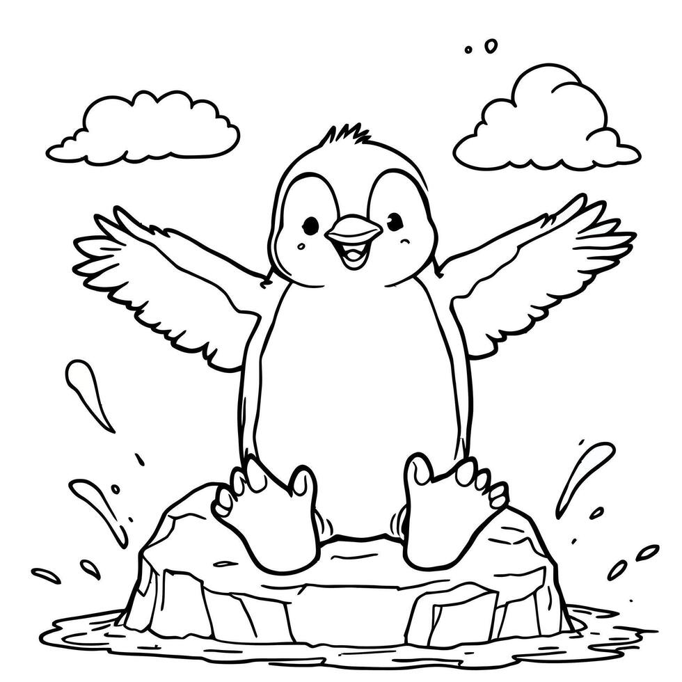 Adorable Happy Penguin Sitting On Iceberg With Wings Spread Open For Coloring Fun vector