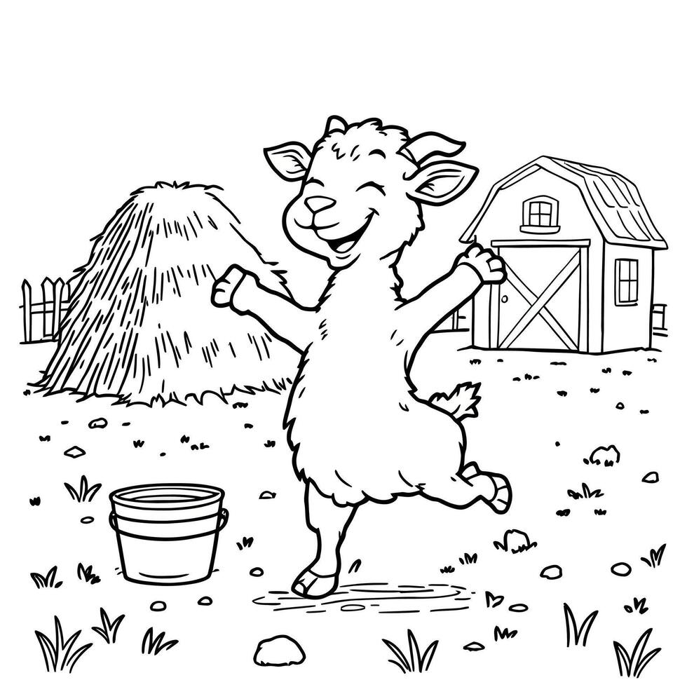 Happy Little Goat Dancing in a Farmyard Scene with Barn and Haystack Coloring Page vector