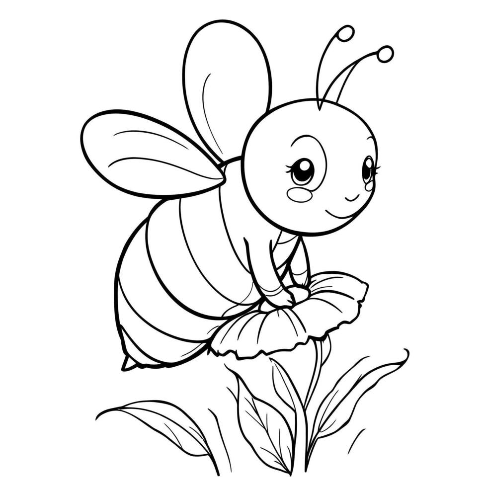 Cute Cartoon Bee Sitting on a Flower Line Art for Coloring Pages vector