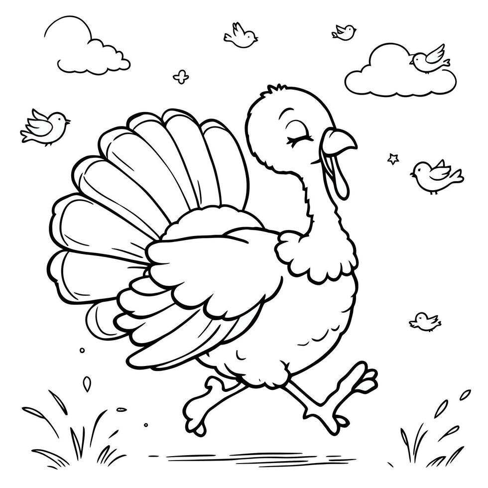 Cute cartoon turkey running happily with its tail feathers fanned out a simple line art drawing vector