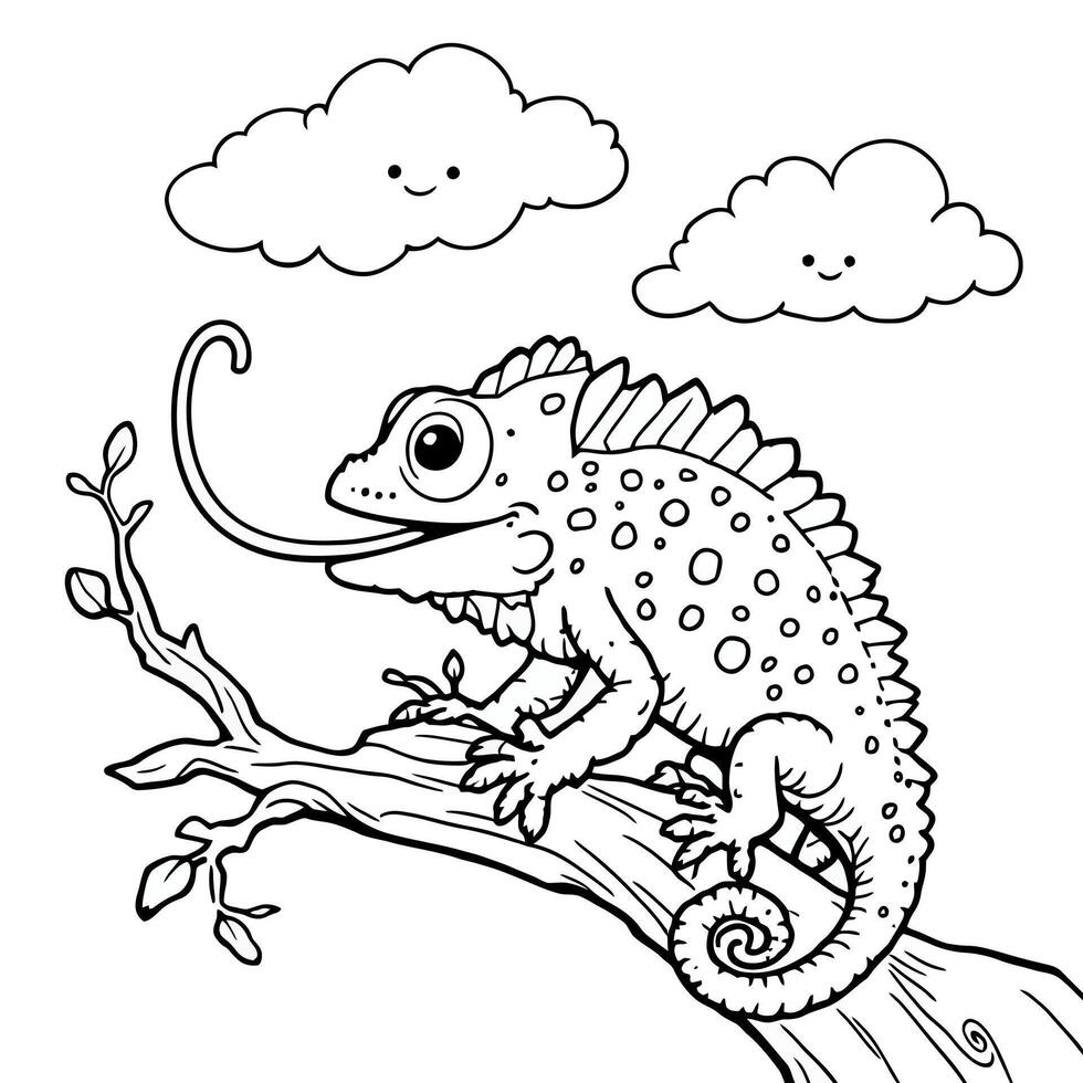 Cute Chameleon Sitting on a Tree Branch with Happy Clouds Detailed Line Art Coloring Page vector