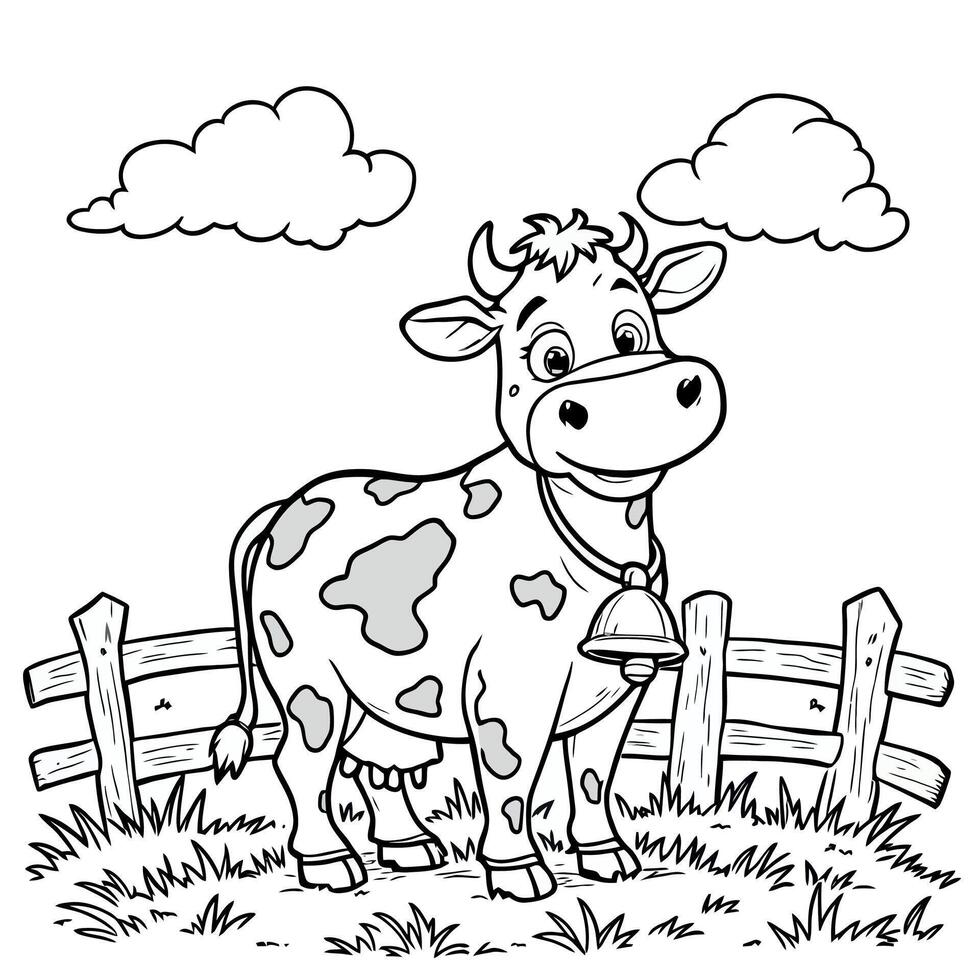 Cute cartoon cow with bell standing in grassy field behind wooden fence under clouds line art coloring page vector