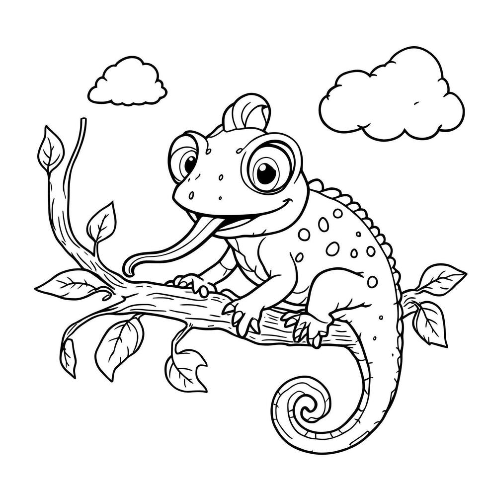 Cute Cartoon Chameleon Perched on a Tree Branch with its Tongue Sticking Out Coloring Page vector