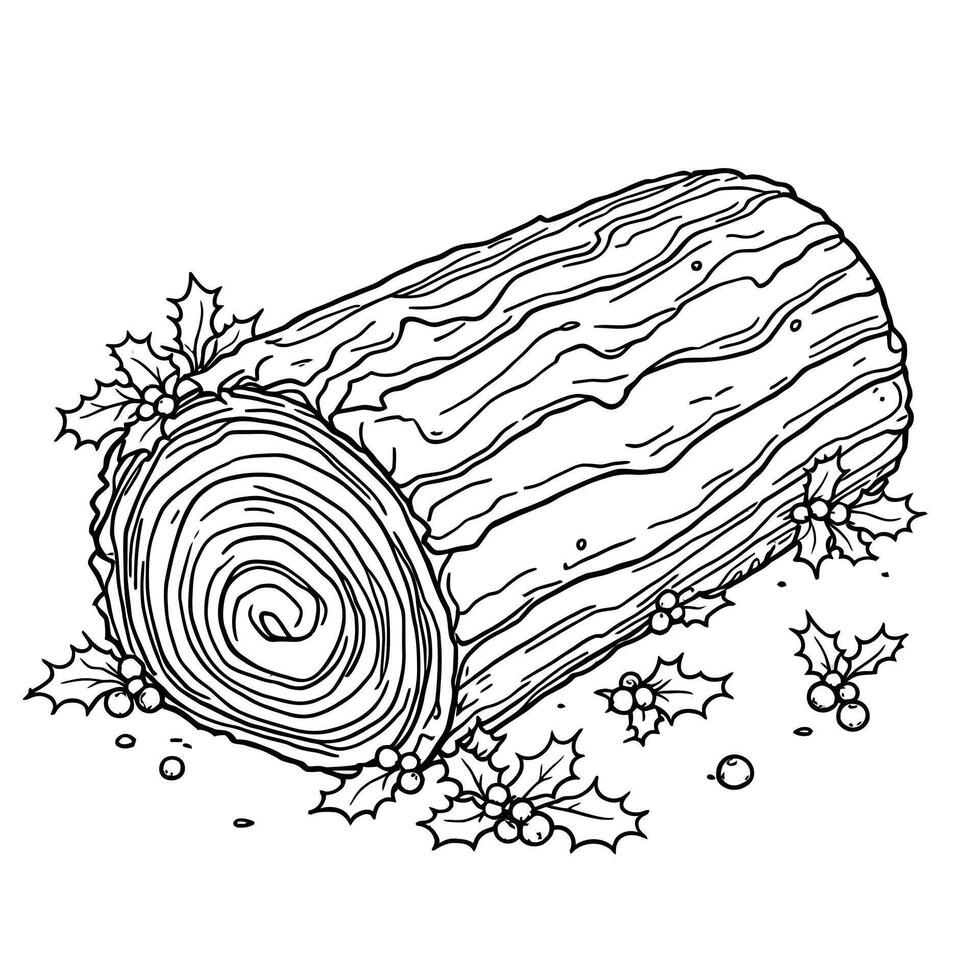 Festive Yule Log Surrounded by Holly Berries and Leaves for a Winter Holiday Coloring Page vector