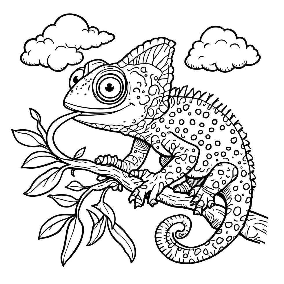 Cute Chameleon Sitting on a Branch with its Tongue Out and Clouds in the Sky Line Art Coloring Page for Kids vector