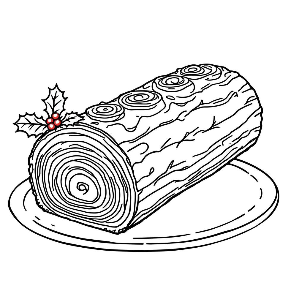 Christmas Yule Log Cake Dessert with Holly Berries Festive Treat Line Art Coloring Page vector