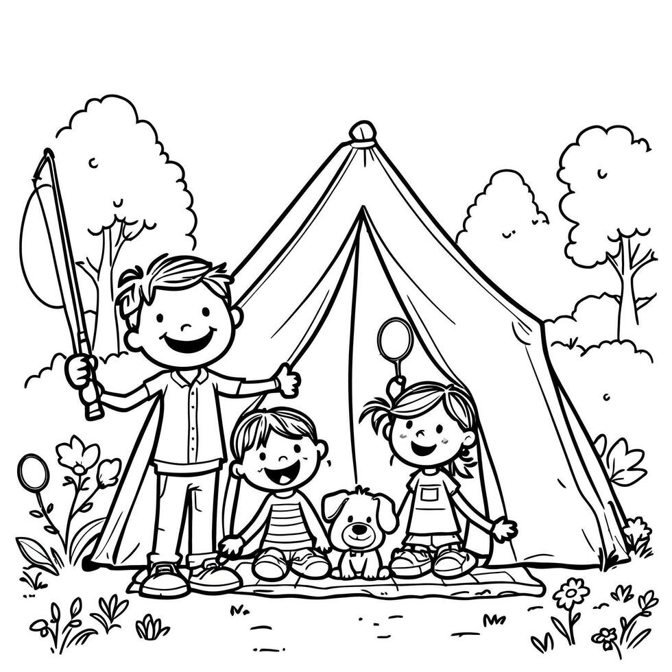 Happy Family Enjoying Camping Adventure Outdoors Together With Their Dog Near A Tent Scene vector