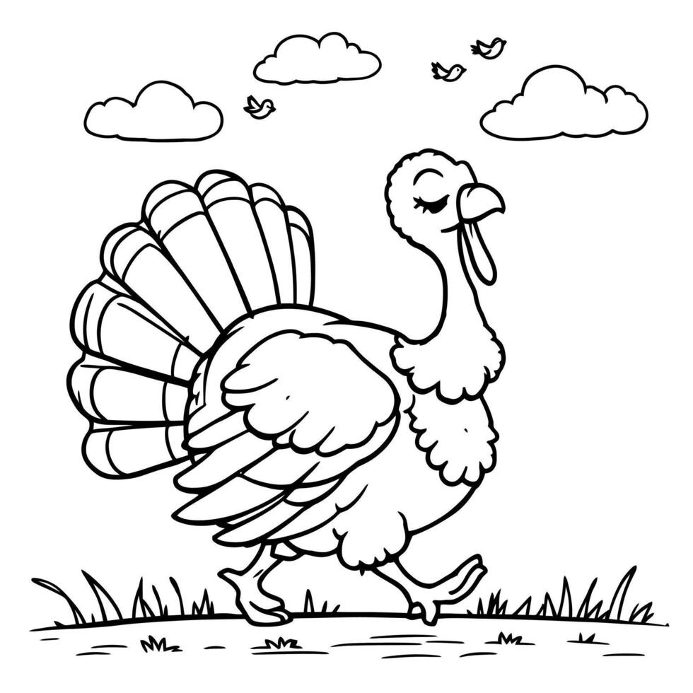 A Happy Cartoon Turkey Walking Proudly Through a Field Under the Clouds vector