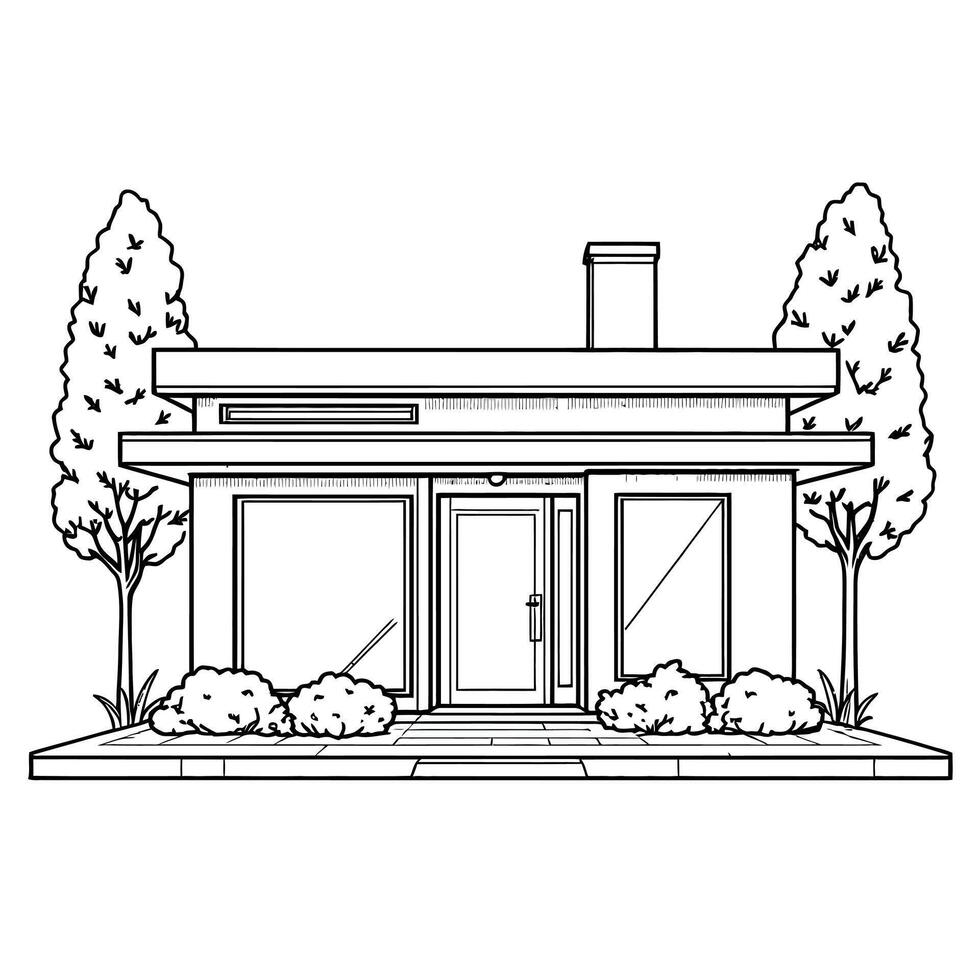 Modern Architectural House Design with Trees and Bushes in Simple Line Art Style vector