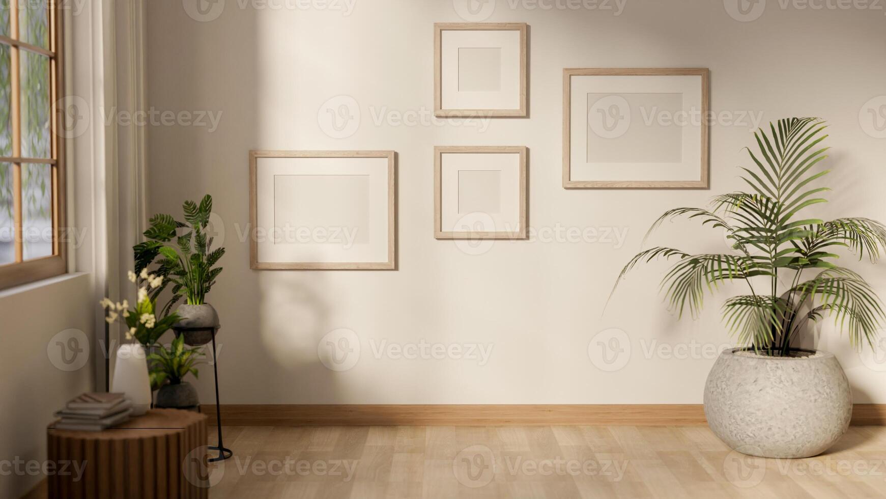 Empty wooden frames hanging on white wall in corner of living room or corridor. Gallery photo wall.