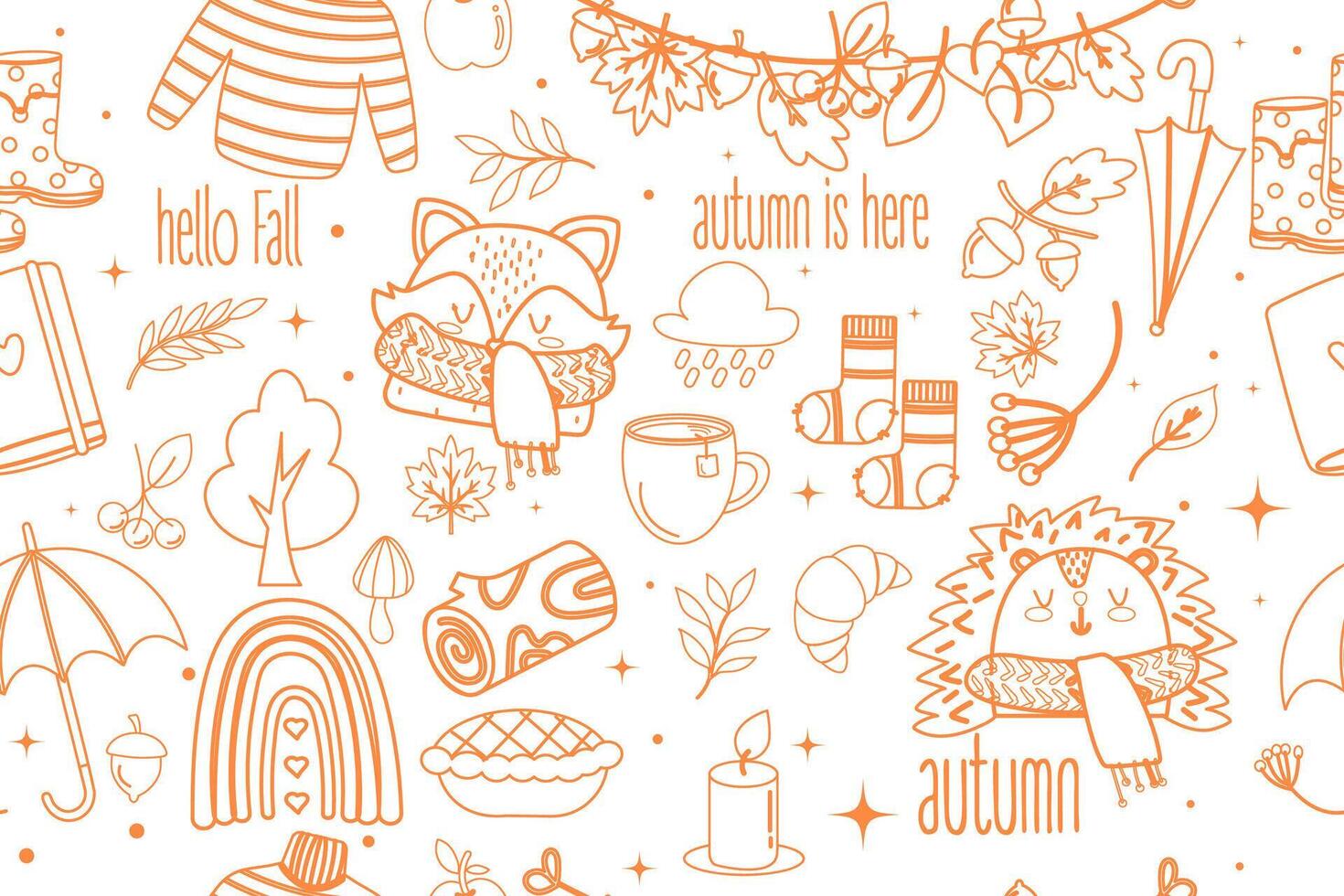 Cute autumn doodle outline seamless pattern. Orange fall background for kids fabric vector