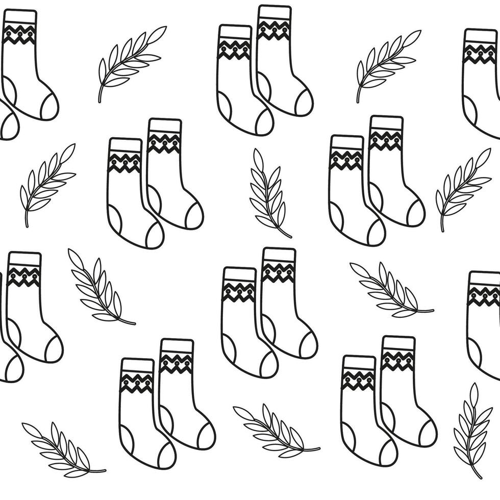 Cozy socks doodle seamless pattern. Warm autumn outline background for fabric vector