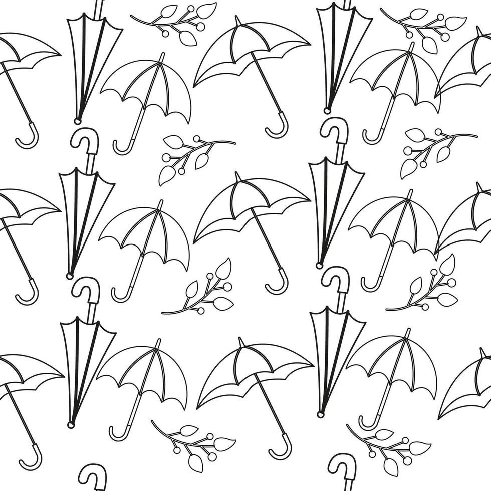 Umbrellas outline seamless pattern. Rainy day doodle background for coloring vector