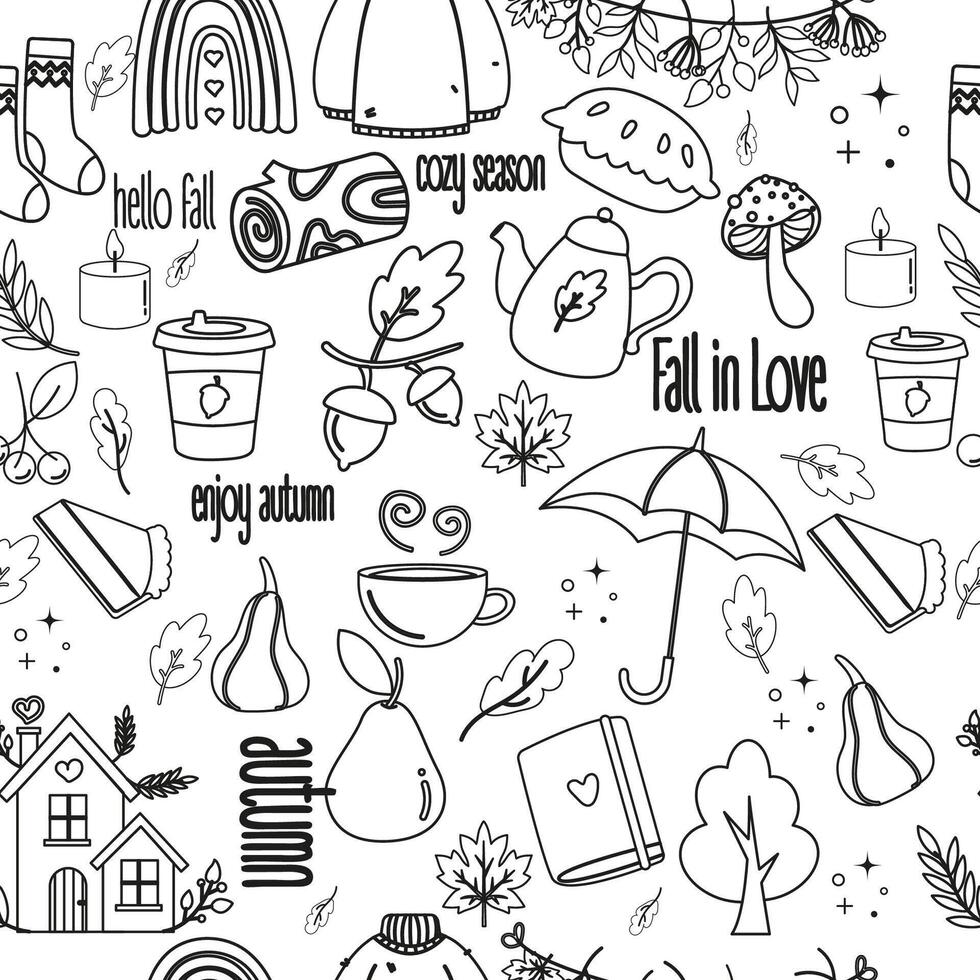 Cozy autumn doodle outline seamless pattern. Hygge coloring digital paper vector