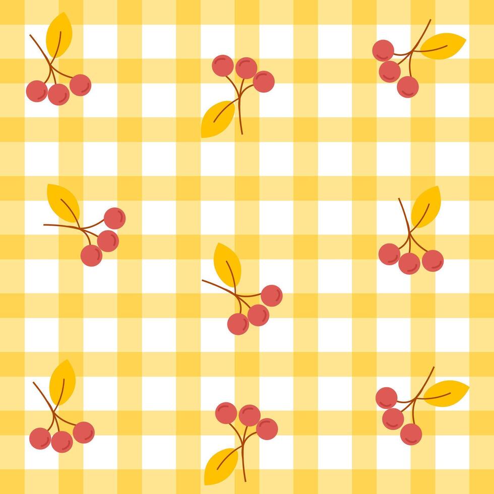 Sunny Cherry Gingham Bliss. Seamless pattern with cute cherries on yellow plaid. vector