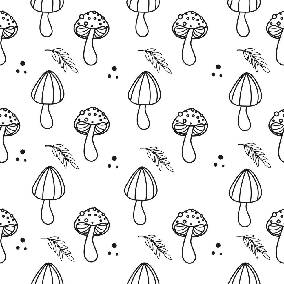Mushroom doodle seamless pattern. Forest fungi outline background for coloring vector