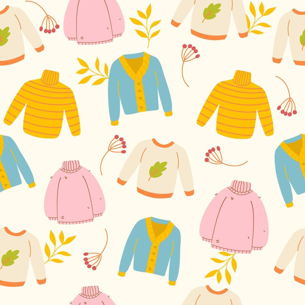 Pattern of colorful sweaters and leaves vector