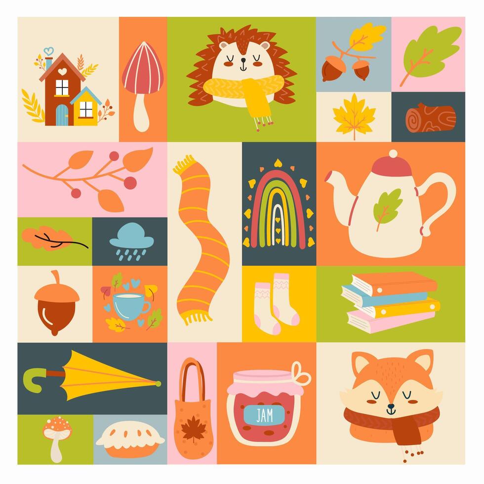 Autumn-themed collage of cute illustrations vector