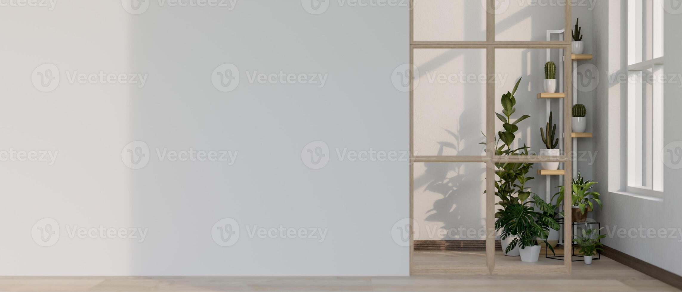 Empty white wall of a room with indoor potted plants at the end of wooden floor corridor or hallway. photo