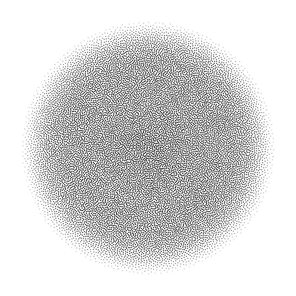 Grain circle gradient. Stippled round shape. Radial stochastic dotwork texture. Random grunge noise background. Black dots sphere. Halftone vector