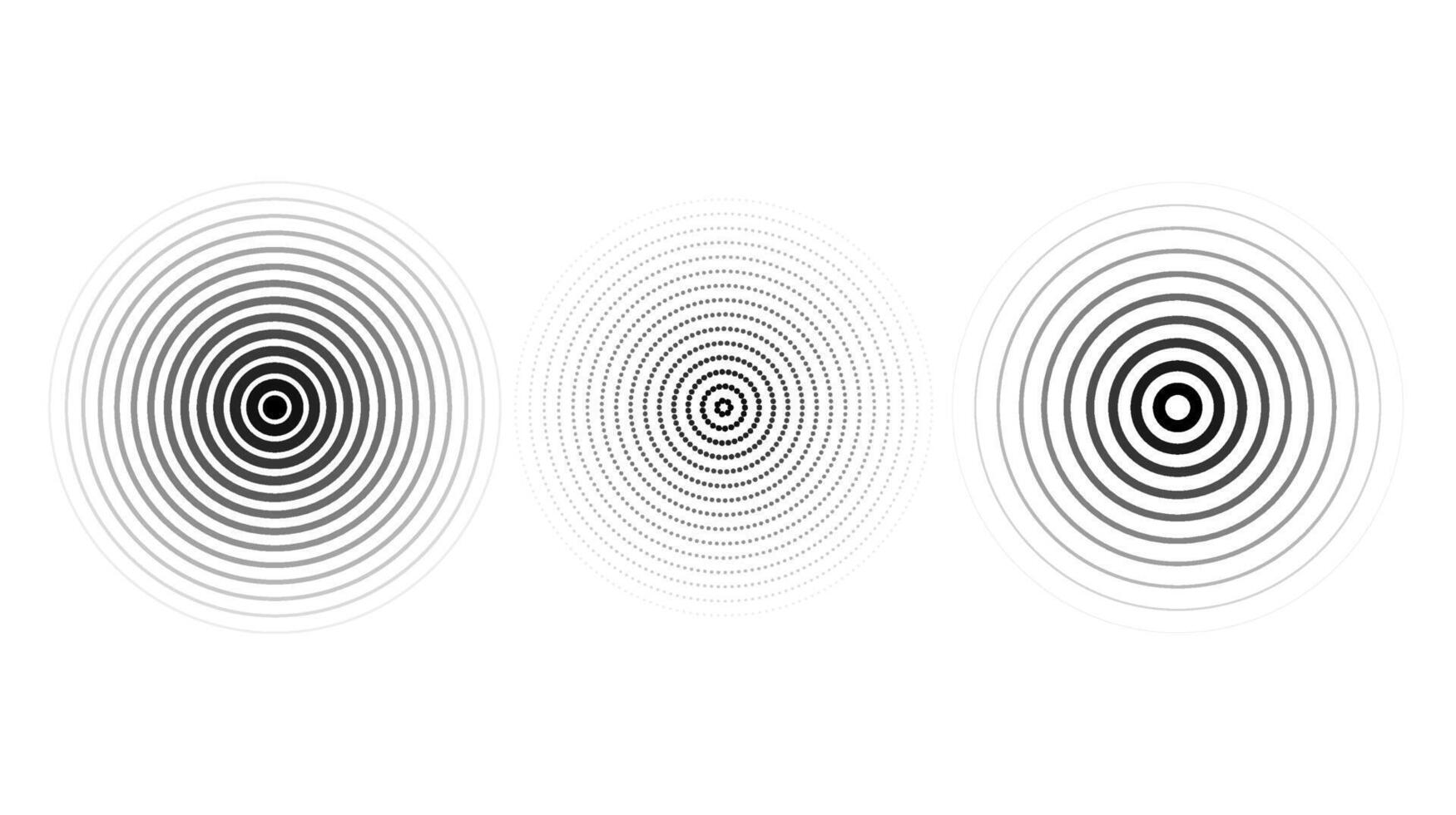 Concentric ripple circles set. Sonar or sound wave rings collection. Epicentre, target, radar icon concept. Radial signal or vibration elements. vector