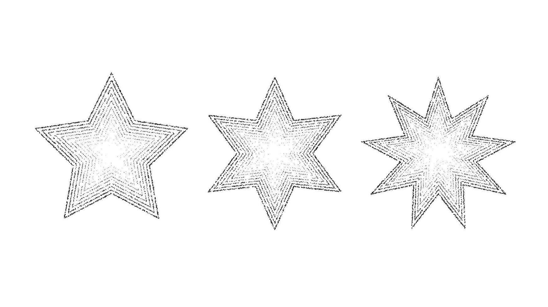 Dotted grain stars set. Black stippled shapes collection. Various noise textured asterisks. Different halftone dot work stellar forms. stochastic vector
