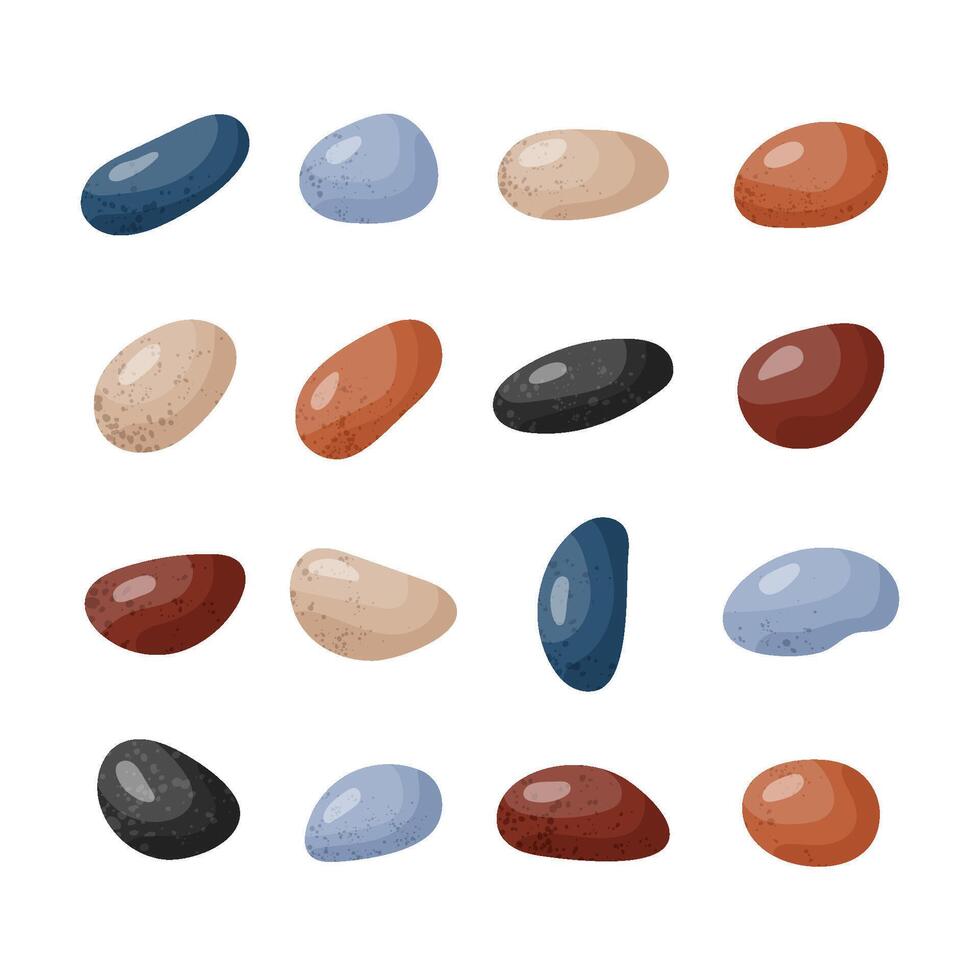 Pebble stones collection. Different beach pebbles shape set. Various forms of smooth rocks. Sea or river pebbles. Spa or garden stones. cartoon vector