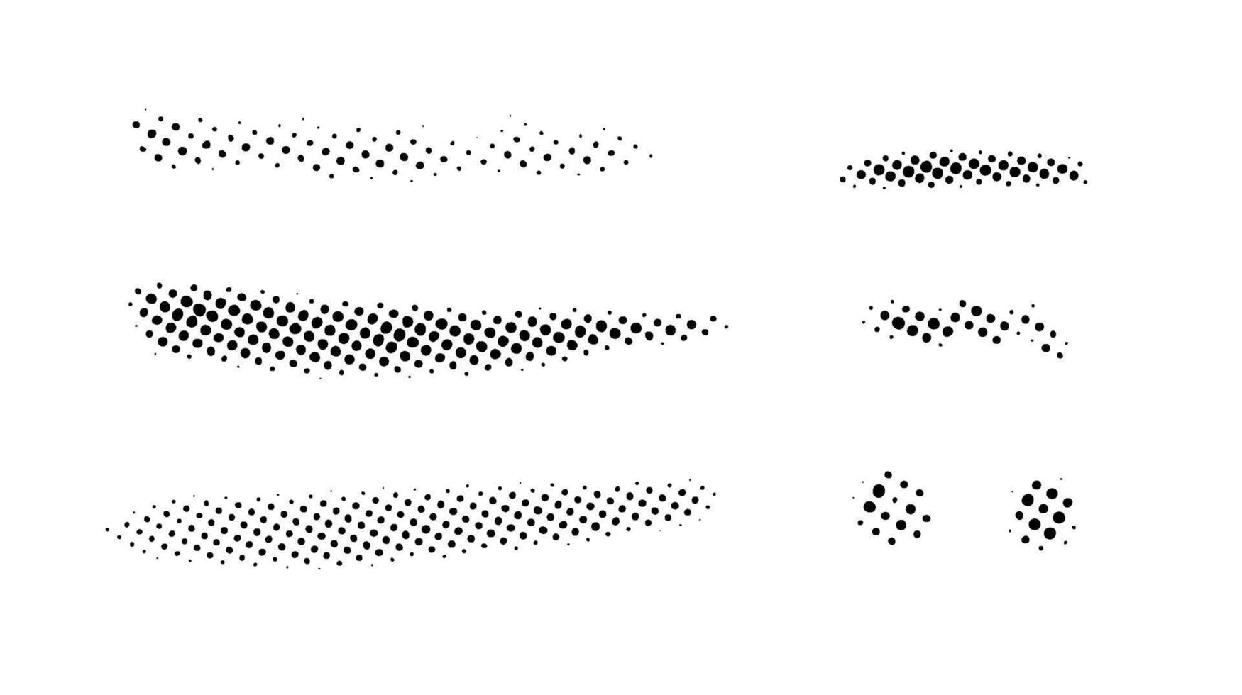 Grunge halftone strokes and stops set. Black comic pop art stripes and lines collection. Halftone textured spot, blot and stain shapes. Monochrome dotted design elements vector