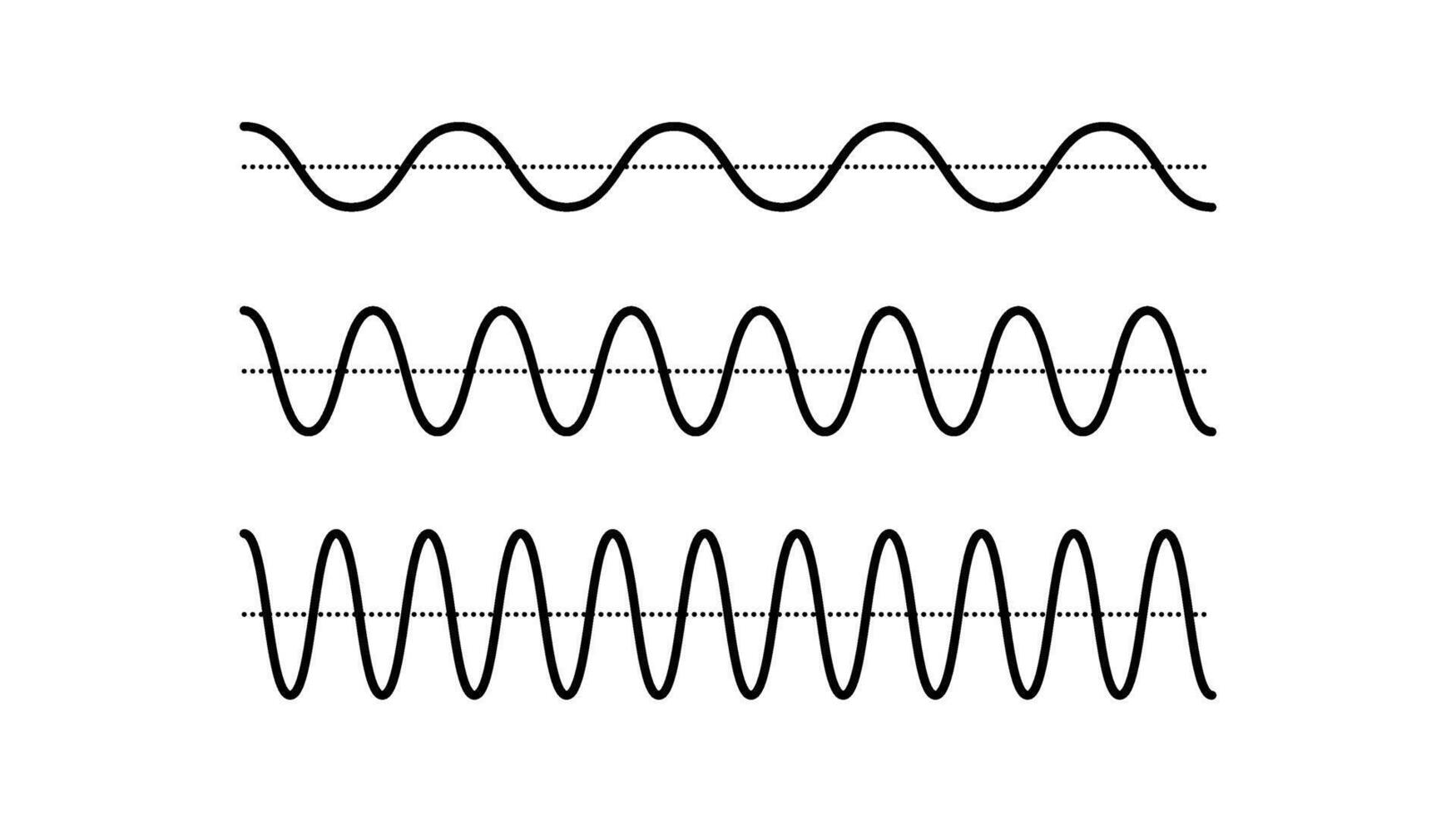 Sinusoid signals set. Black curve sound waves collection. Voice or music audio concept. Pulse lines. Electronic radio signals with different frequency and amplitude vector