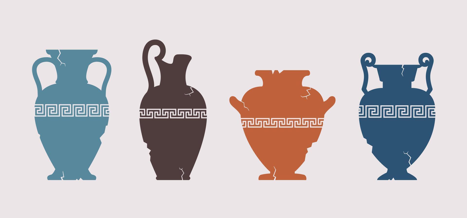 Broken vase silhouettes set. Different cracked ancient greek amphoras with meander pattern. Various forms and shapes of antique ceramic jar or vessel. Clay pottery collection vector