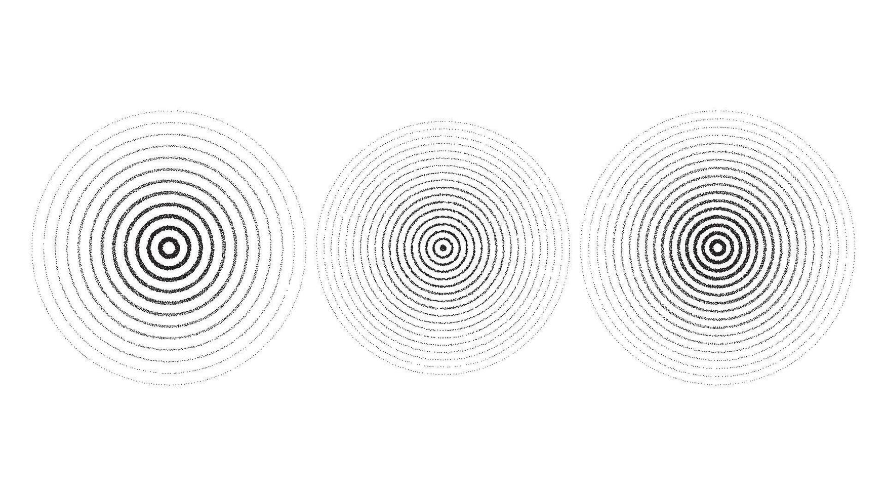 Texture concentric ripple circles set. Sonar or sound wave rings collection. Epicentre, target, radar icon concept. Radial signal or vibration elements vector