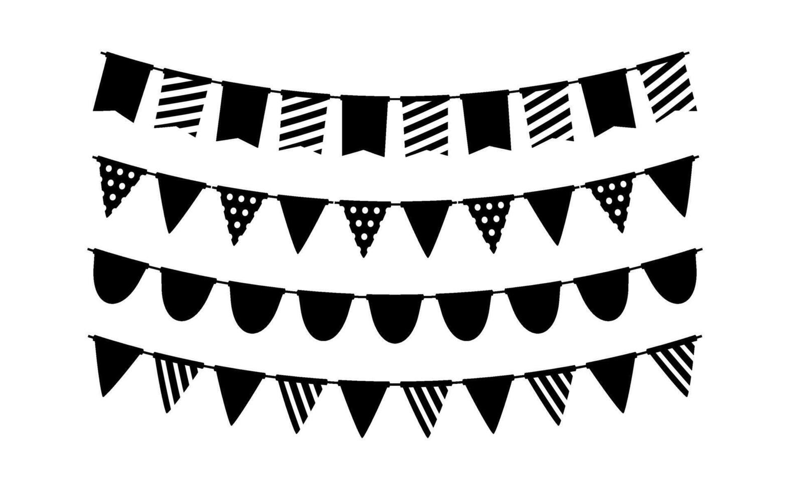 Black bunting silhouette set. Holiday flag garland collection. Black pennants chains. Flags decoration vector