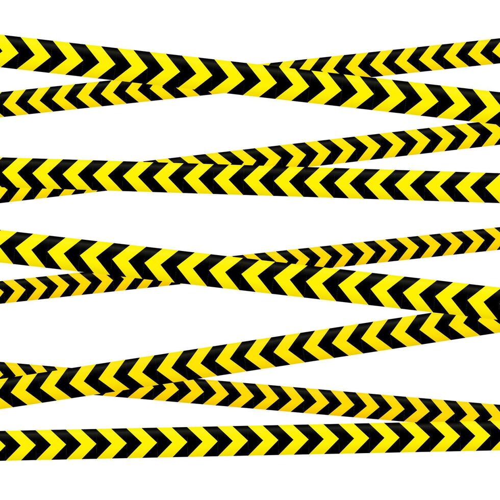 Crossed caution tape set. Yellow and black warning stripes. Repeated construction, hazard, danger sellotapes. Restriction and prohibition zones adhesive tapes vector