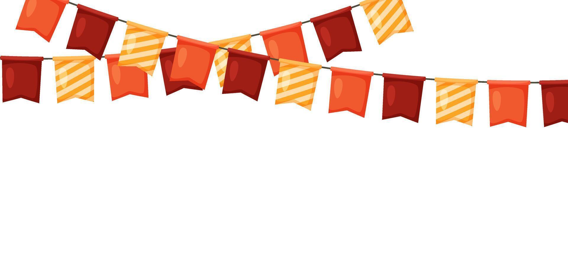 Thanksgiving bunting. Orange, red and yellow flag garland. Autumn holidays party decoration. Fall pennants chain.Celebration cartoon flags for decor. Footer and banner vector