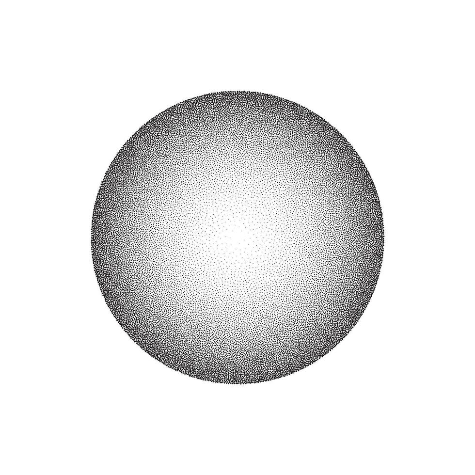Grain circle gradient. Stippled round shape. Radial stochastic dotwork texture. Random grunge noise background. Black dotted sphere vector