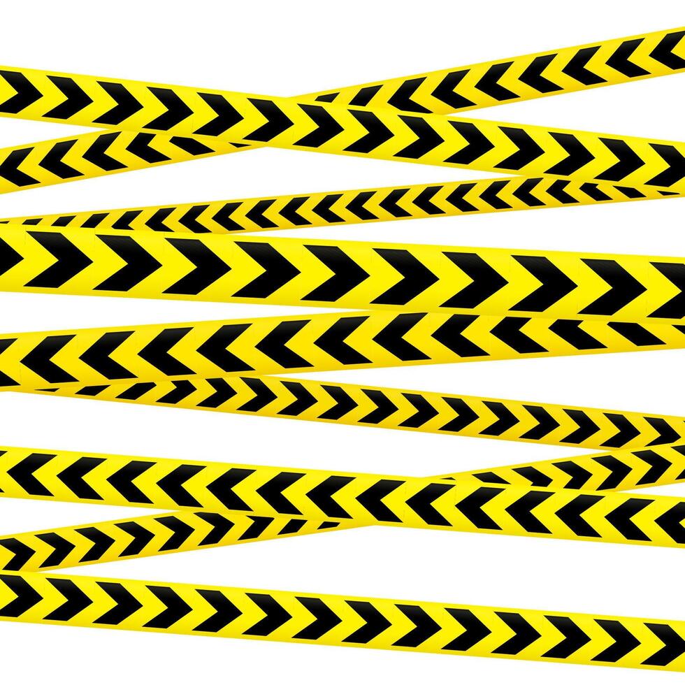 Crossed caution tape set. Yellow and black warning stripes. Repeated construction, hazard, danger sellotapes. Restriction and prohibition zones adhesive tapes line. vector