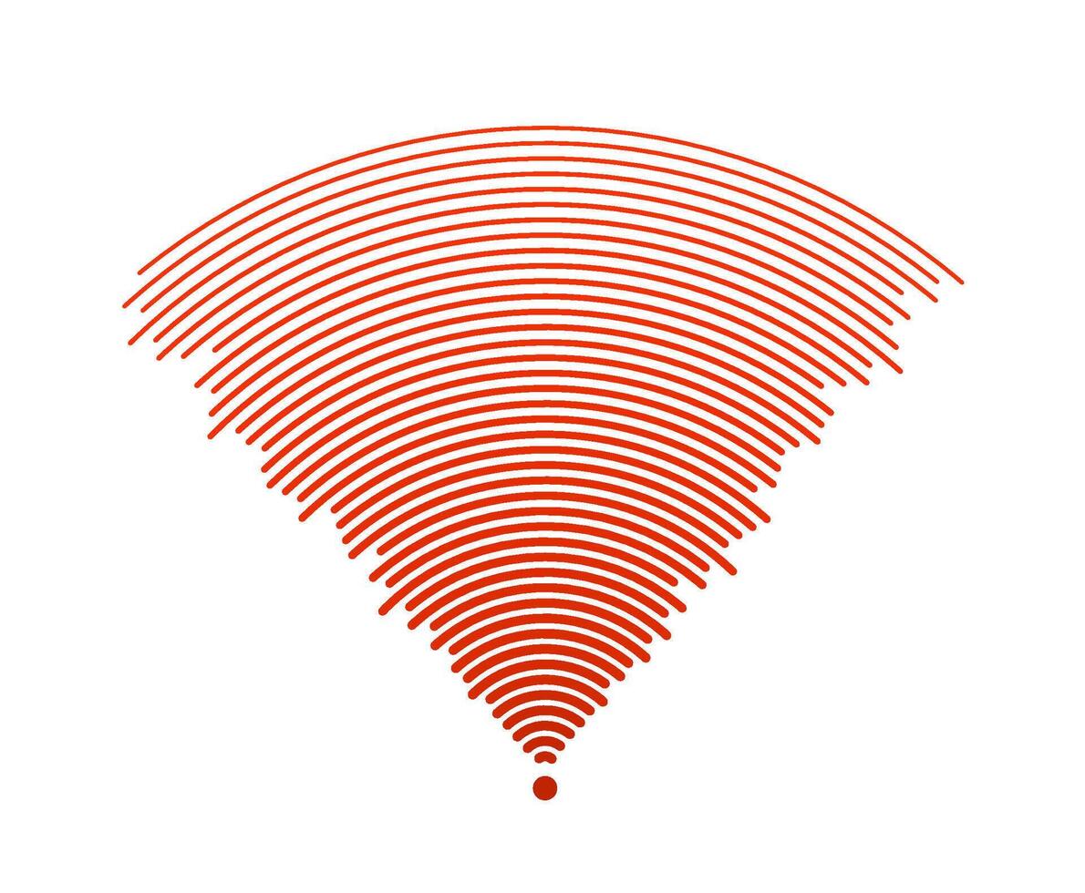 Red sound wave signal. Radio or music audio concept. Epicentre or radar icon. Radial signal or vibration elements. Impulse curve lines. Concentric ripple semi circle. vector
