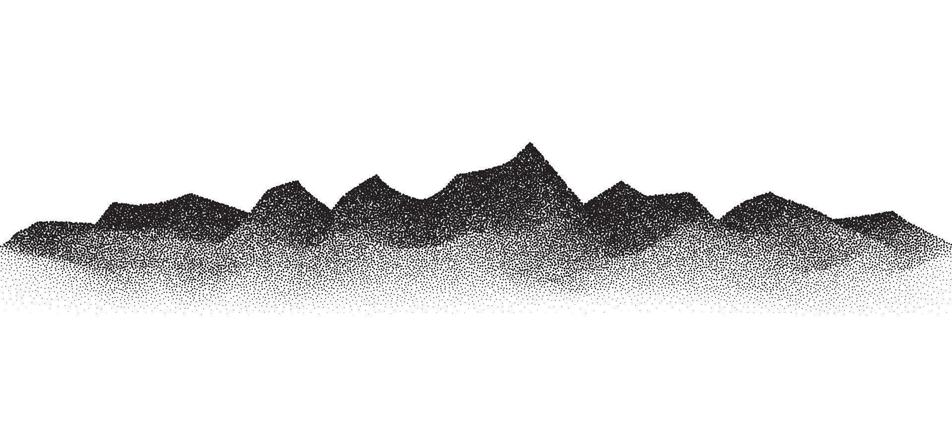 Grain stippled mountains. Dotted landscape and terrain. Black and white grainy hills in dotwork style. Noise stochastic background. Pointillism textured wallpaper. Grunge vector